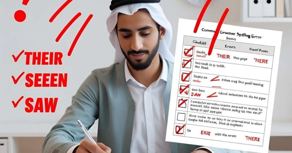 A clean, educational workspace scene showing a student reviewing a paper with red correction marks, highlighting common grammar or spelling errors (e.g., “their” vs. “there,” or “seen” vs. “saw”). Include visual cues like exclamation points, a checklist with errors and fixes, and icons like a pencil, eraser, and magnifying glass. Use soft academic colors—light gray, red, and blue—to create a focused but approachable atmosphere. Feature the title “Common Mistakes to Avoid” in a bold, easy-to-read font on a sticky note or whiteboard.