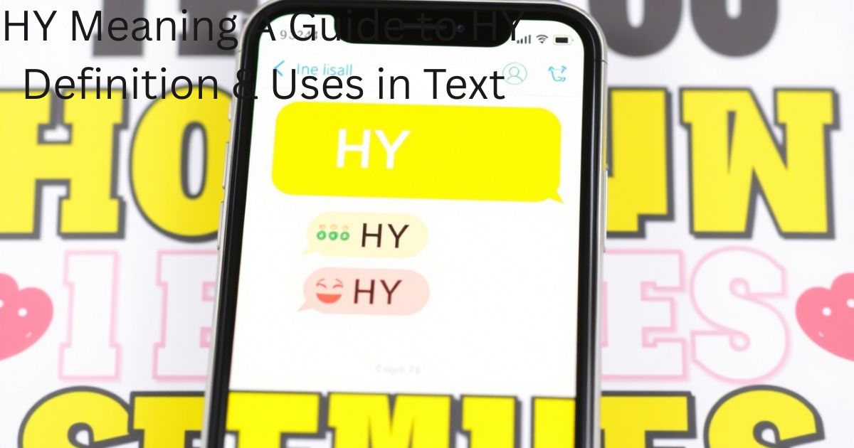"A modern smartphone screen showing a text message conversation with the abbreviation 'HY' being used. Include digital chat bubbles, emojis, and casual slang to reflect a real texting environment. Background should suggest communication and youth culture—like a social media or texting theme—with bold, clear fonts and a friendly, informal style."