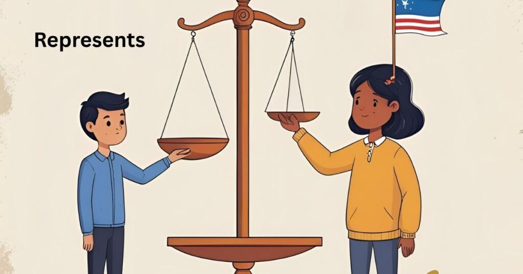 A clear and symbolic educational illustration representing the word "Represents." Show a person holding or pointing to a symbol (like a flag, icon, or model) that stands for a larger idea—such as justice, knowledge, or identity. Include visual metaphors like a scale representing fairness, a tree symbolizing growth, or a light bulb for innovation. Use a clean, academic style with balanced composition and a thoughtful color palette. The image should convey how one thing stands in for or symbolizes something else, ideal for essays or educational materials.