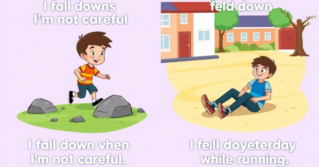 Using “fall down” and “fell down” in sentences